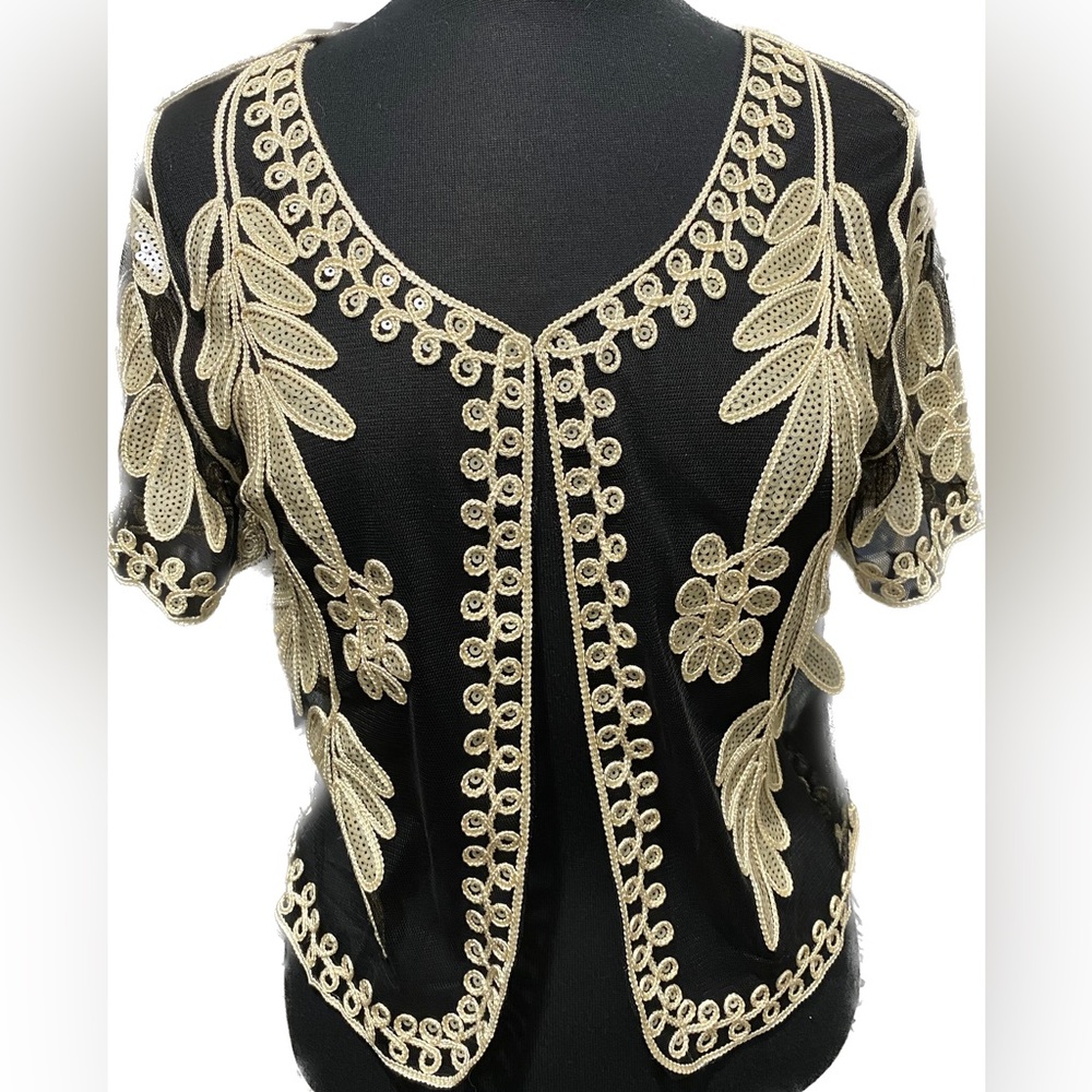 Simply Couture Elbow Sleeve Sheer Crochet Accent
Soutache Sequin Tunic